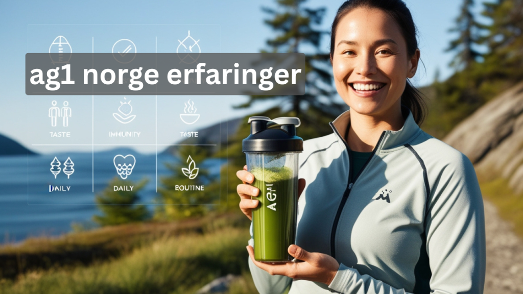 Smilende person med AG1 Norge shakerflaske i en grønn skog, fokus på helse og velvære.