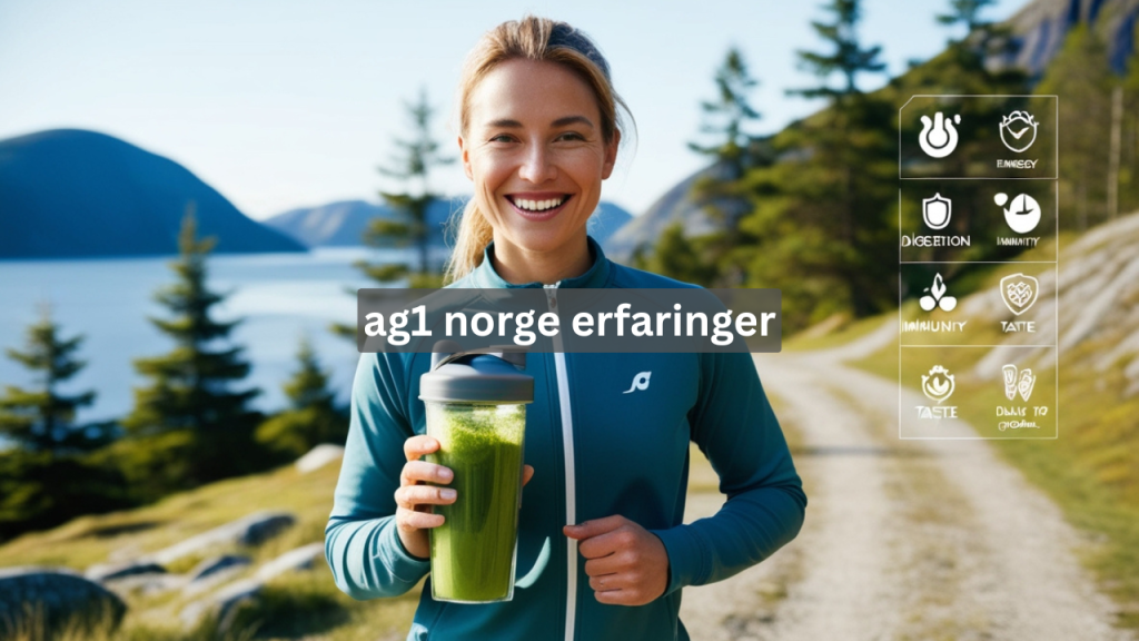 Person holding a green AG1 Norge drink outdoors in Norwegian nature with fjord and pine trees in the background.