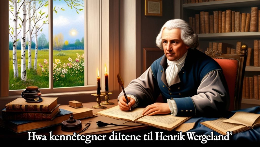 Henrik Wergeland thinking deeply while writing in his candlelit study during the 1800s.