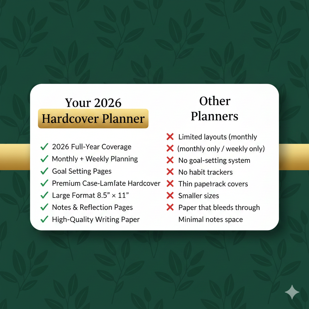 2026 kalender med uker – sammenligning av hardcover planlegger mot andre kalendere, med månedlig og ukentlig planlegging