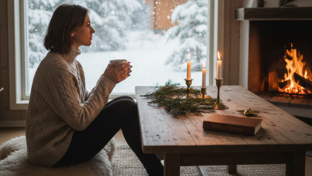 Kvinne som feirer jul alene i et varmt, nordisk hjem med levende lys, peis og snø utenfor – rolig og meningsfull julefeiring alene.