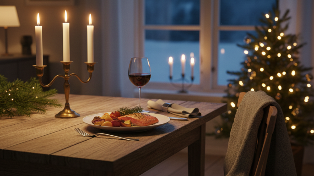 Julemiddag for én person med levende lys, julemat og juletre – eksempel på hvordan feire jul alene på en rolig og verdig måte.