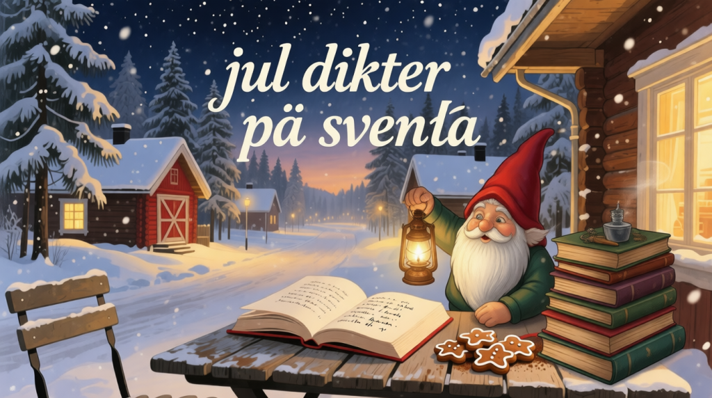 Swedish Christmas tomte sitting with books, lantern and poetry in snowy village, featured image for jul dikter på svenska.
