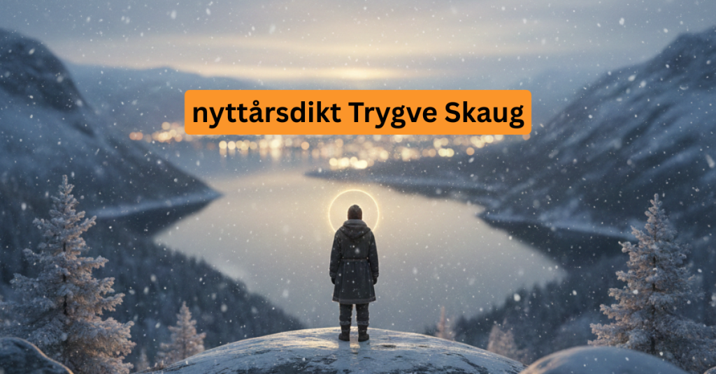 Illustrasjon av nyttårsdikt i Trygve Skaug-stil, person som står i norsk vinterlandskap ved årsskiftet