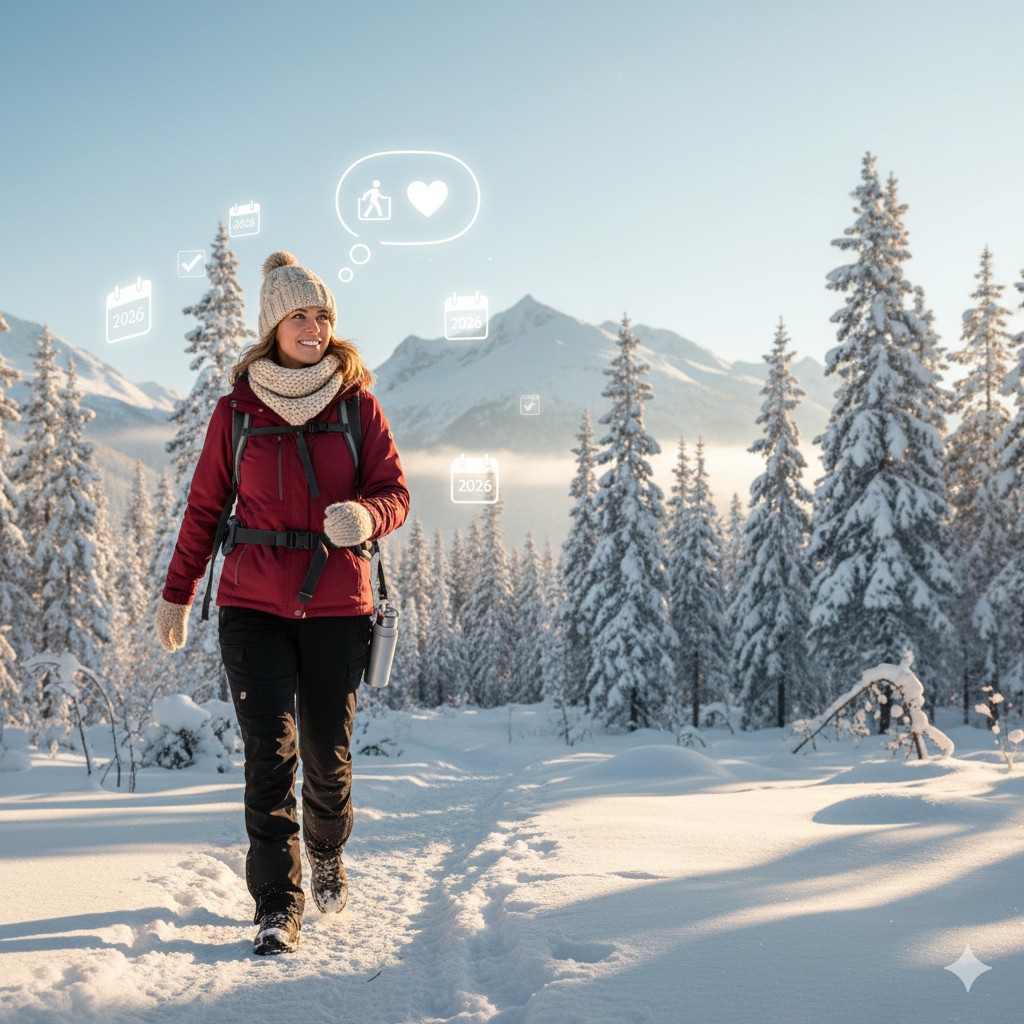 Nyttårsforsett tips: Gåtur i snøen for bedre helse En person som går i snøen for å illustrere nyttårsforsett tips – motivasjon for helse i norsk vinter
