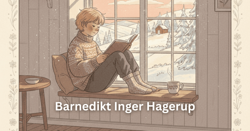 Illustrasjon av et barn som sitter og leser en bok ved vinduet, inspirert av barnedikt i Inger Hagerups ånd.