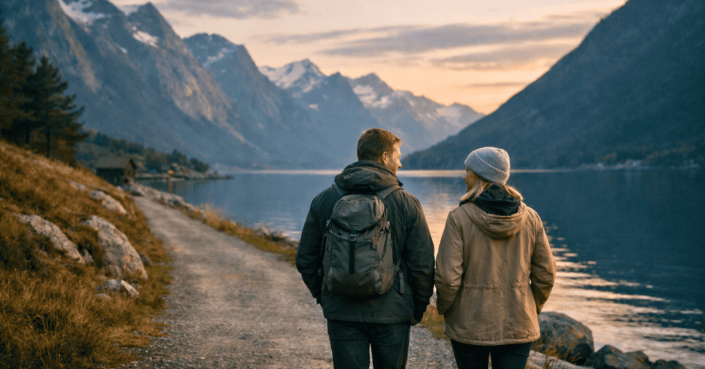 Norsk par som går langs en fjord i Norge og symboliserer hvordan kjærlighetens vei kan uttrykkes gjennom rolig nærhet og tillit i norske forhold