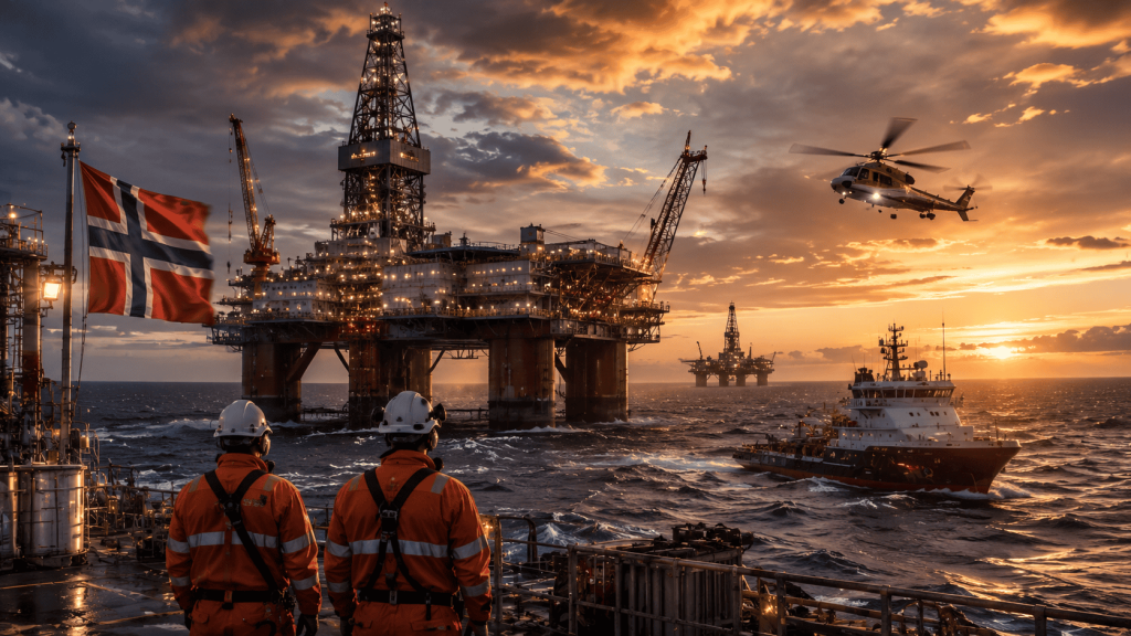 Offshore oljeplattformer i Nordsjøen som viser hvordan olje gjorde Norge rikt