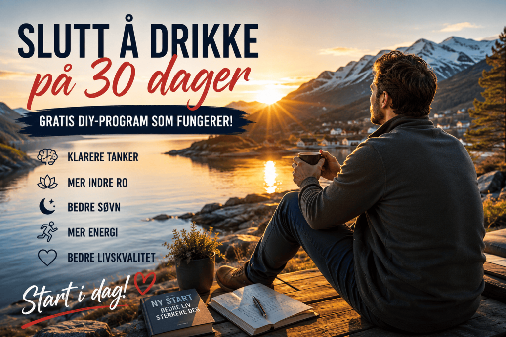 Mann nyter rolig morgen ved norsk fjord etter å ha sluttet å drikke alkohol