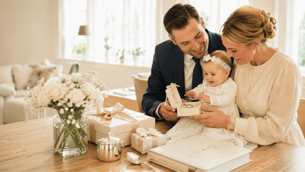 Dåpsgave fra foreldre til baby under norsk barnedåp i et skandinavisk hjem