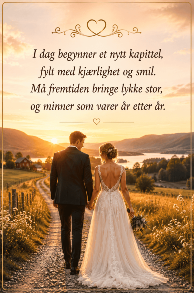 Tekst bryllupskort dikt med nygift par på vei mot soloppgang og verset "I dag begynner et nytt kapittel"