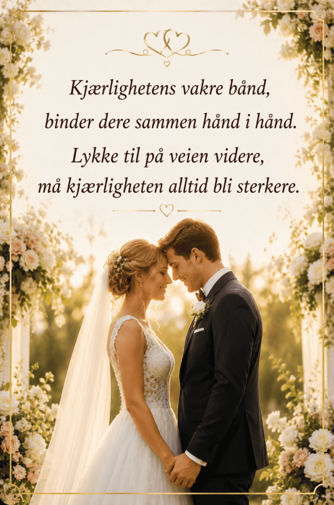 Tekst bryllupskort dikt med romantisk brudepar og verset "Kjærlighetens vakre bånd" i blomsterdekorert bryllupsmotiv