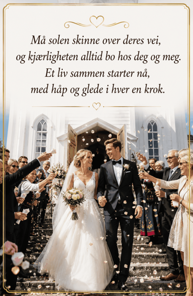 Tekst bryllupskort dikt med brudepar utenfor hvit kirke og verset "Må solen skinne over deres vei"