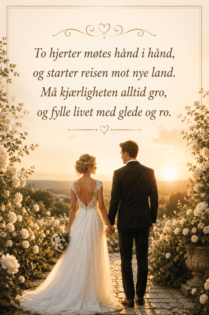 Tekst bryllupskort dikt med romantisk brudepar ved solnedgang og verset "To hjerter møtes hånd i hånd"