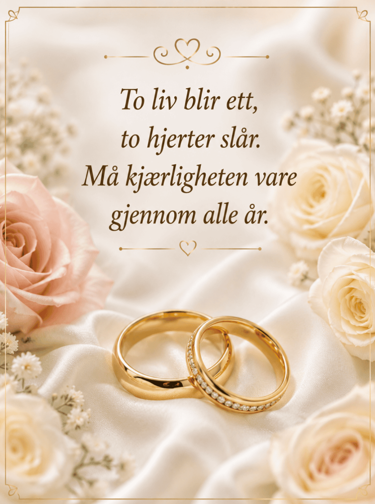 Tekst bryllupskort dikt med gullringer på silkestoff og verset "To liv blir ett, to hjerter slår"