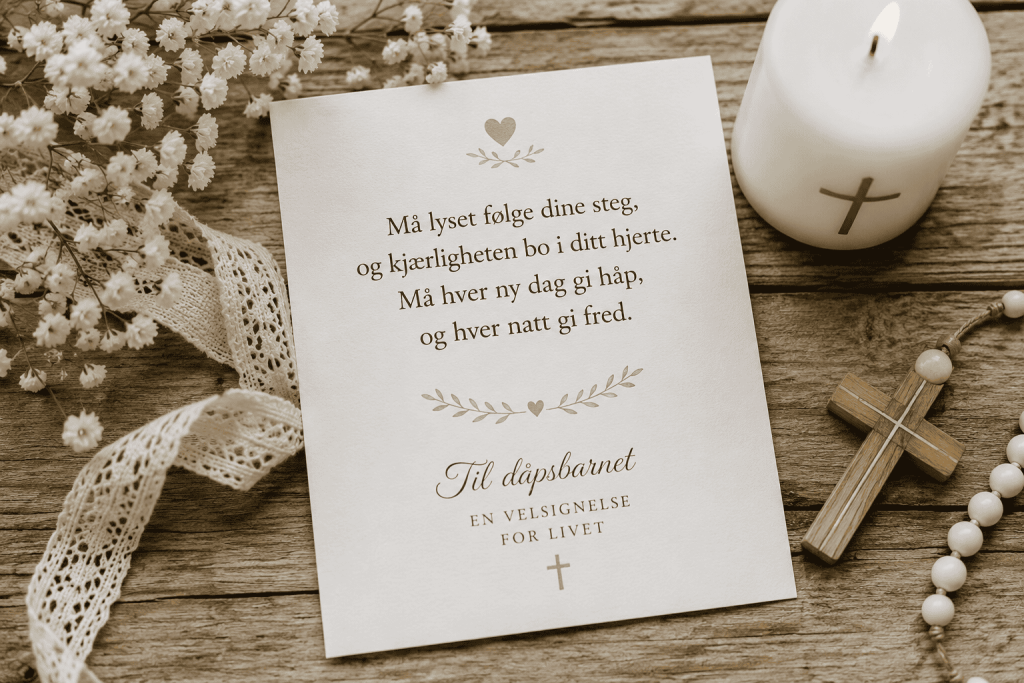 Dåpskort med et vakkert velsignelsesdikt, blomster, kors og lys – inspirert av temaet dikt dåp trygve skaug velsignelsen.