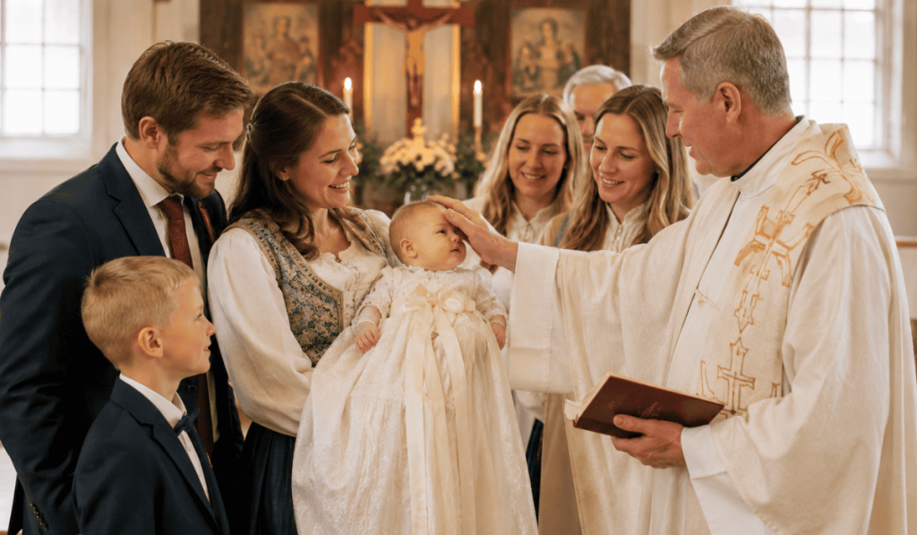 Dikt dåp Trygve Skaug velsignelsen inspirert dåpsseremoni med prest som velsigner baby i en vakker norsk kirke.