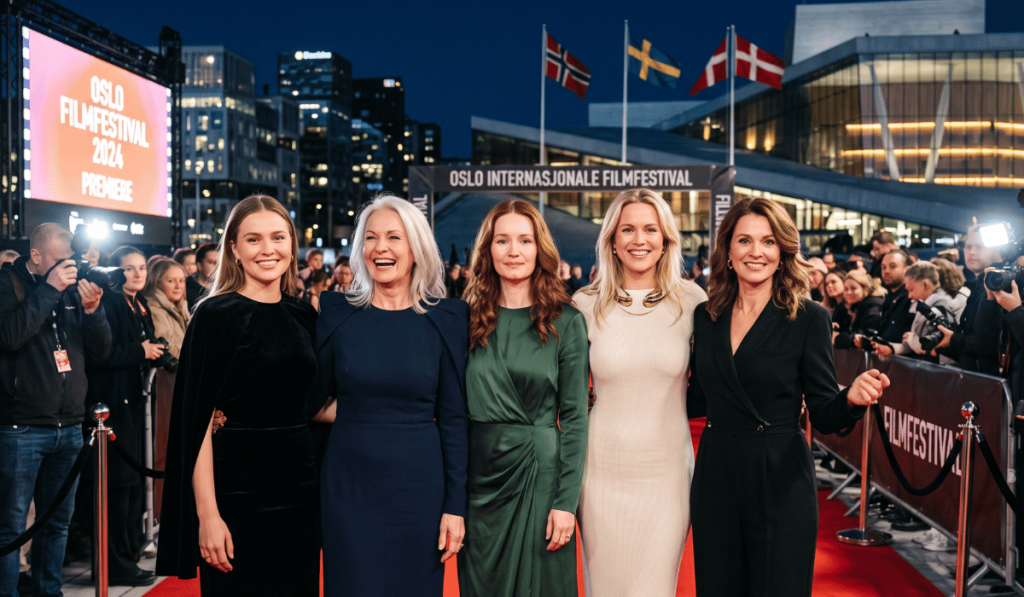 Kjente kvinnelige skuespillere Norge på den røde løperen under en filmfestival i Oslo