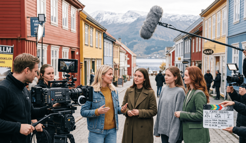 Unge kvinnelige skuespillere Norge på et profesjonelt filmsett under innspilling i en norsk by