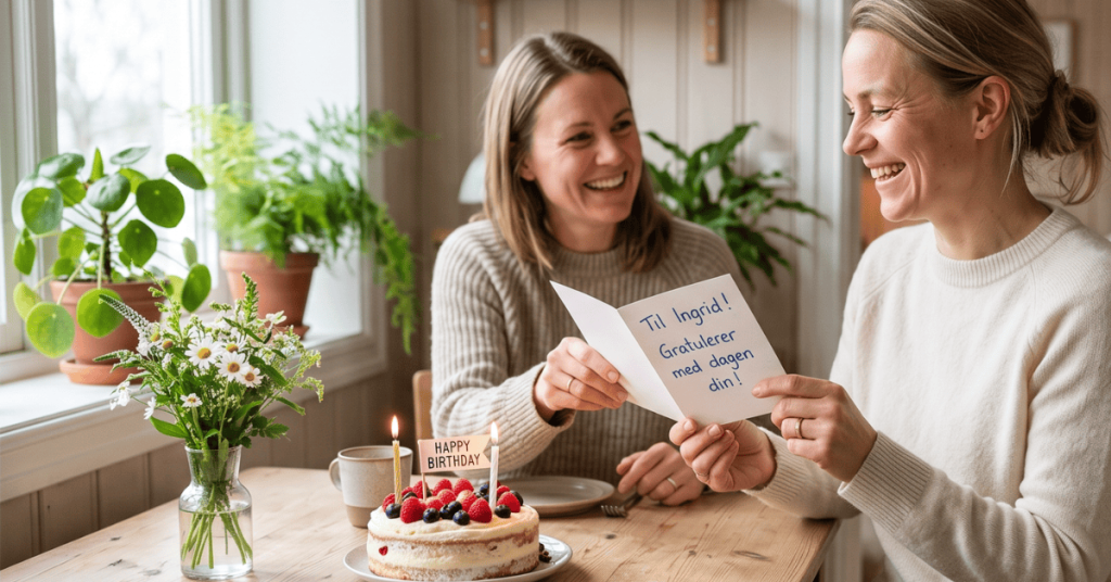 To kvinner deler et gratulerer med dagen dikt på en bursdag