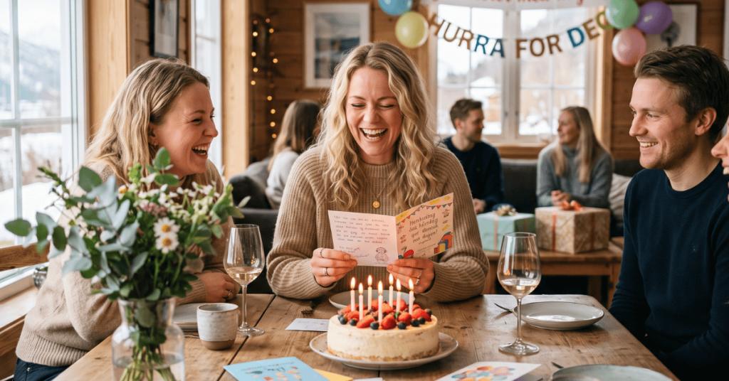 Gratulerer med dagen dikt humor – venner ler mens et morsomt bursdagsdikt blir lest under en koselig bursdagsfeiring