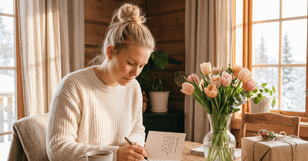 Kvinne skriver gratulerer med dagen dikt venninne i et personlig bursdagskort