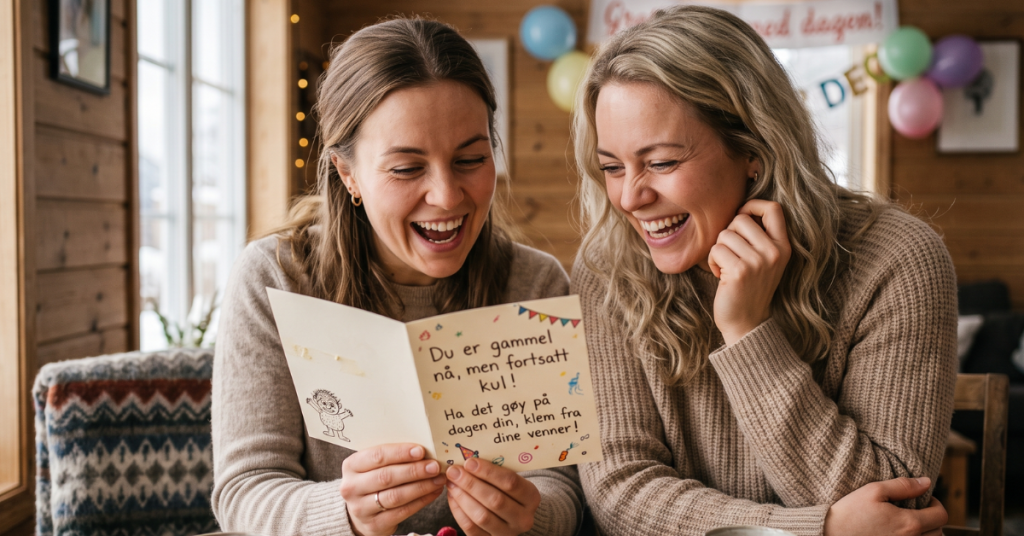 To venner ler mens de leser et morsomt gratulerer med dagen dikt fra et bursdagskort under en koselig bursdagsfeiring