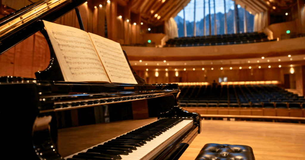 Grand piano på en konsertscene i Norge
