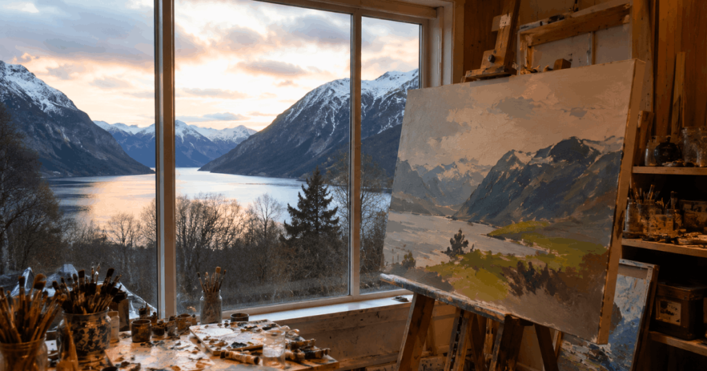 Norsk kunstnerstudio med fjordlandskap og maleri
