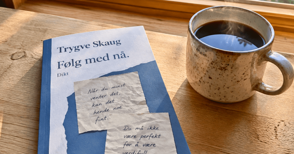 Trygve Skaug dikt til ungdom bok ved siden av en kopp kaffe i en koselig norsk hytte