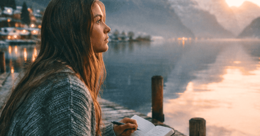 Ung kvinne skriver poesi ved en norsk fjord – inspirert av trygve skaug dikt til ungdom
